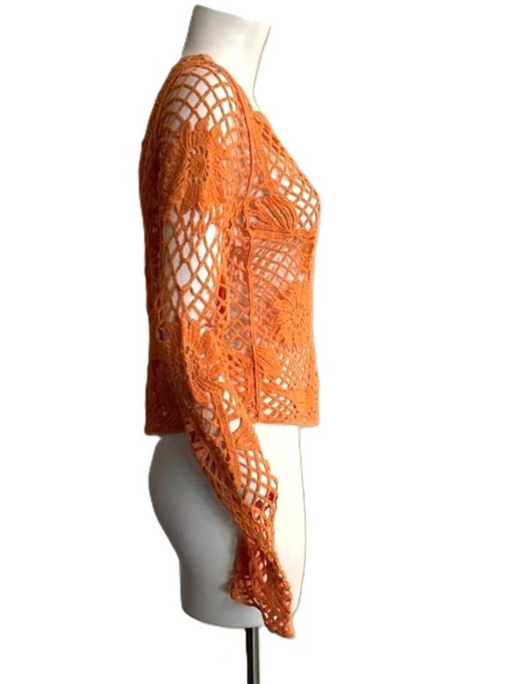Paparazzi Crochet Mesh Open Knit Top Orange Med Long Sleeve Boho Festival Beach - Picture 5 of 16